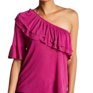 NWT Ro&De Fuchsia Stripe One-Shoulder Ruffle Shirt Rayon Size S